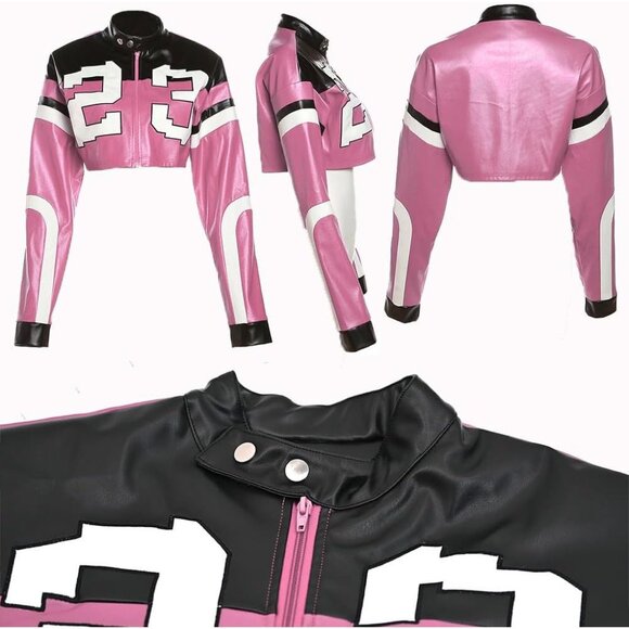 Womens Pink VOIKERDR Faux Leather Cropped Motorcycle Bomber Y2K Street Jacket - Picture 5 of 6